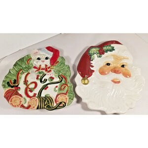 Kitsch Kitty Kringle and Holiday Santa! Discontinued Fitz & Floyd Plate Set VTG
